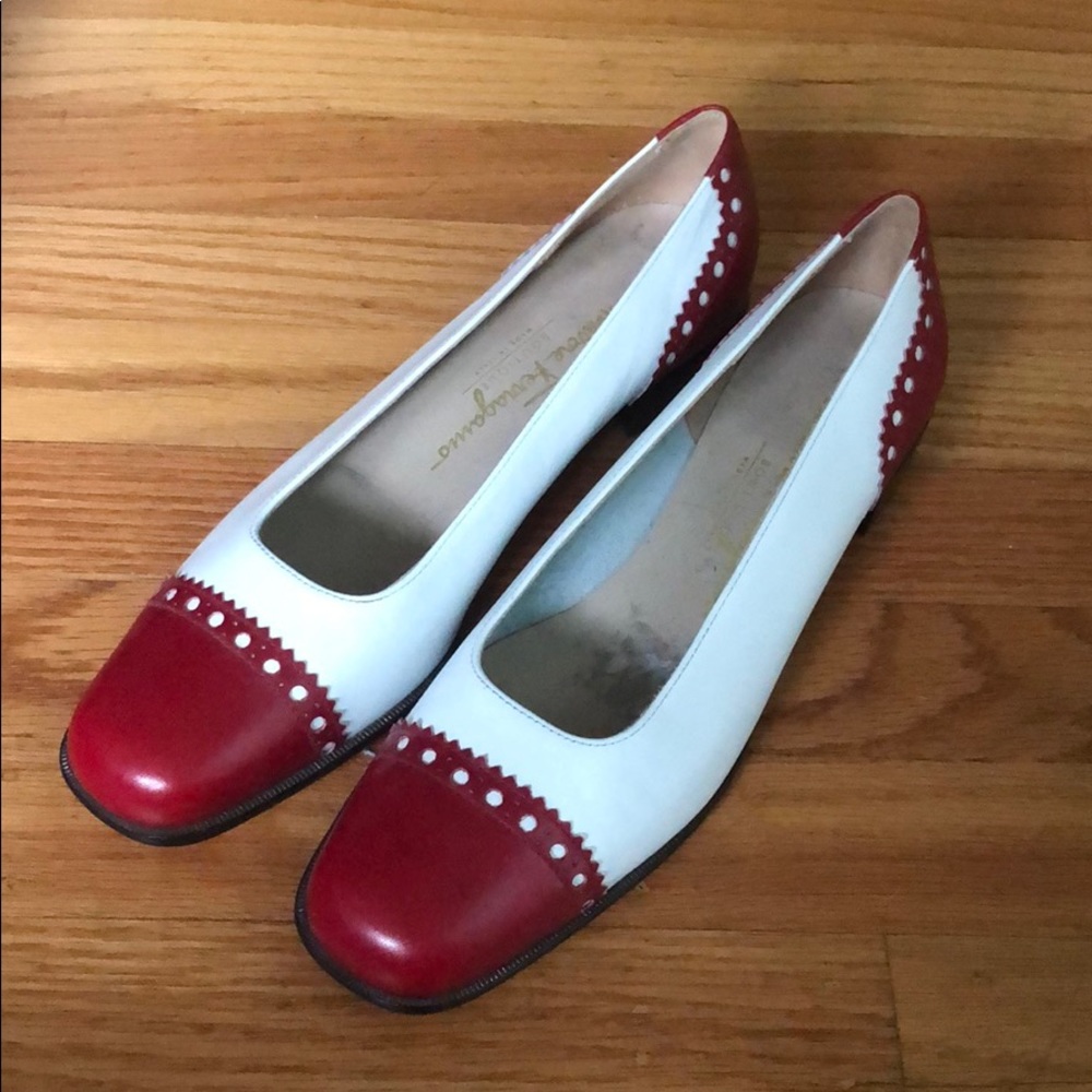 Ferragamo Red and White Saddle Pumps 7.5 Narrow